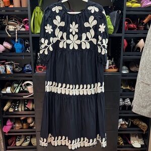 Black Anthropologie Midi Dress with White Floral Embroidery